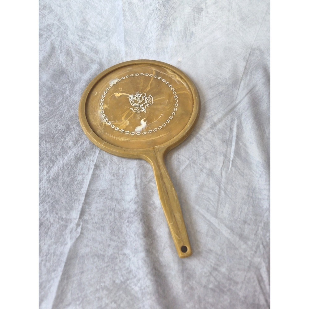 Vintage Large Hand Held Vanity Mirror with Floral Design 1950s Gold Tan - Picture 12 of 13